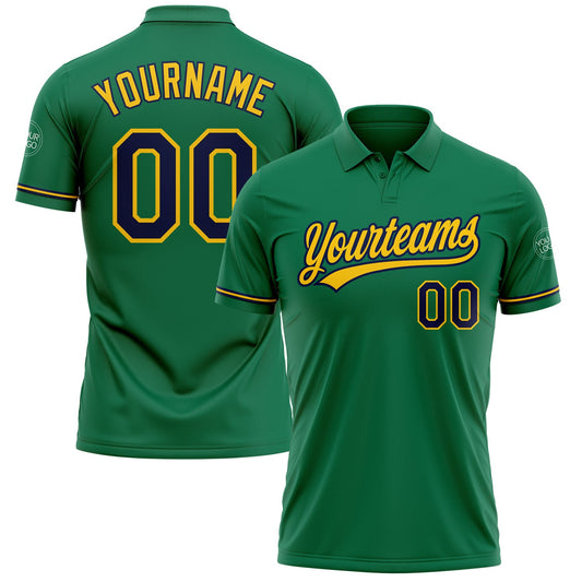 Custom Kelly Green Navy-Yellow Performance Vapor Golf Polo Shirt - Main View