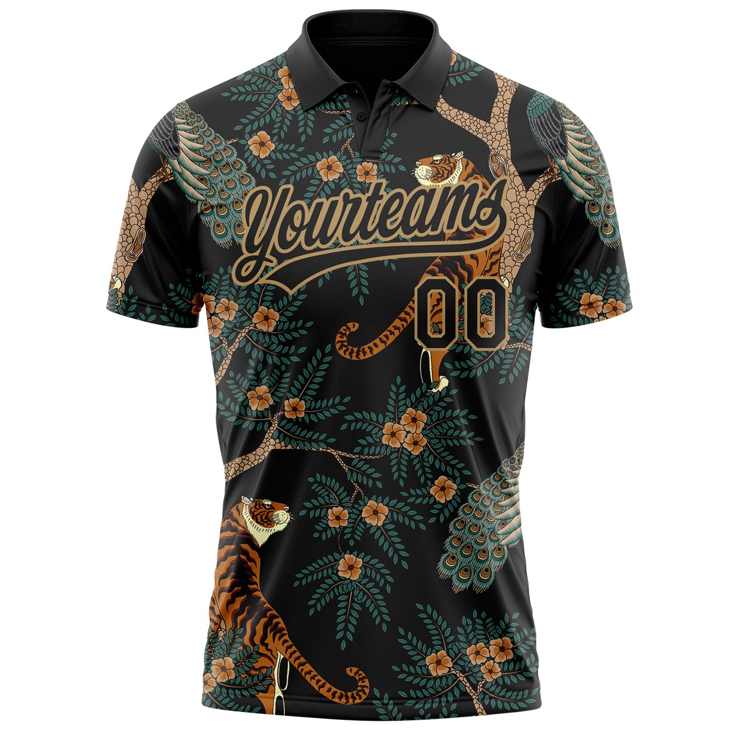 Custom Black Black-Old Gold 3D Pattern Design Tiger And Peacock Performance Vapor Golf Polo Shirt view 3
