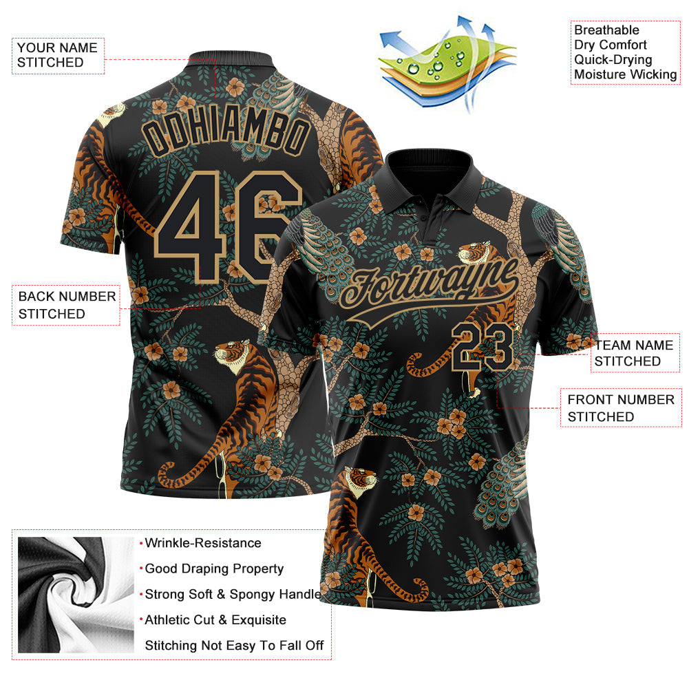 Custom Black Black-Old Gold 3D Pattern Design Tiger And Peacock Performance Vapor Golf Polo Shirt view 4