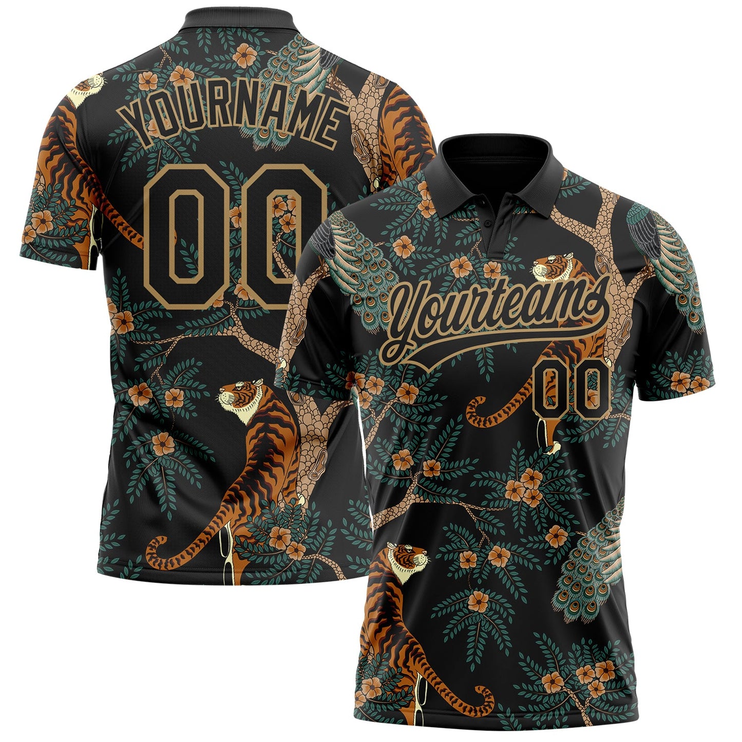 Custom Black Black-Old Gold 3D Pattern Design Tiger And Peacock Performance Vapor Golf Polo Shirt - Main View