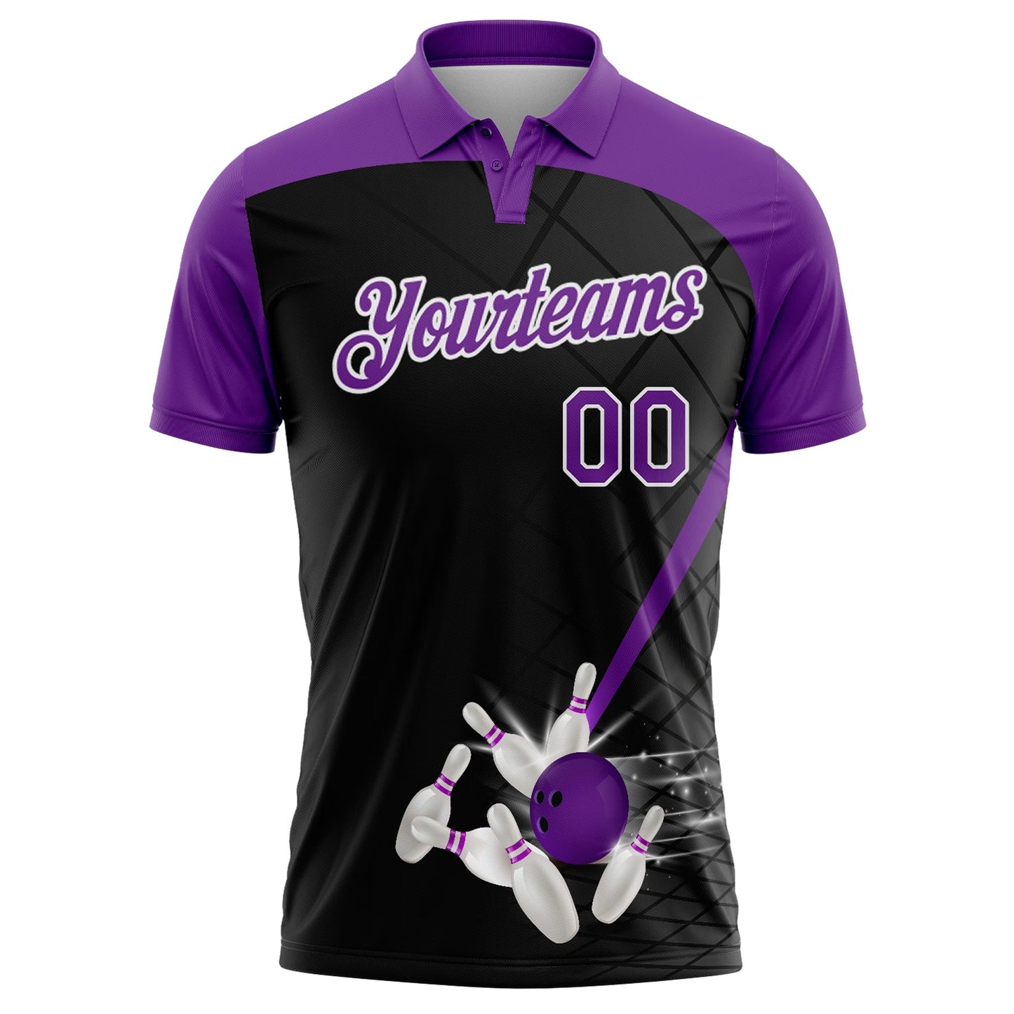 Custom Black Purple-White 3D Pattern Design Bowling Performance Polo Shirt view 2