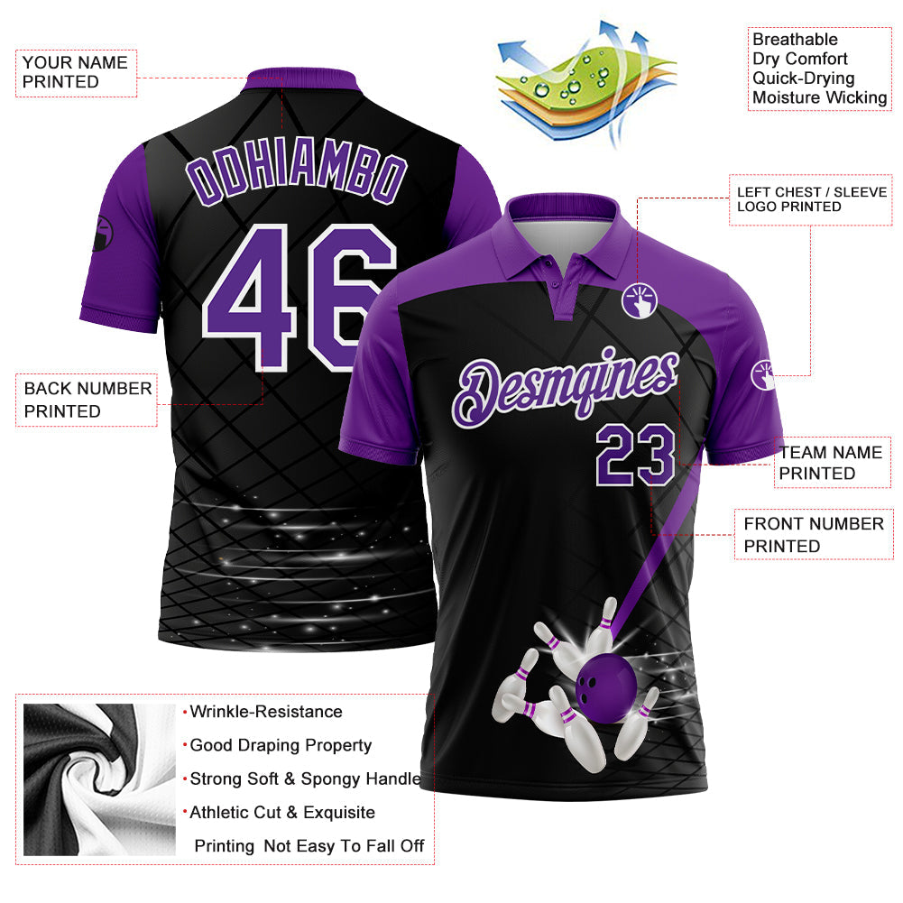 Custom Black Purple-White 3D Pattern Design Bowling Performance Polo Shirt view 3