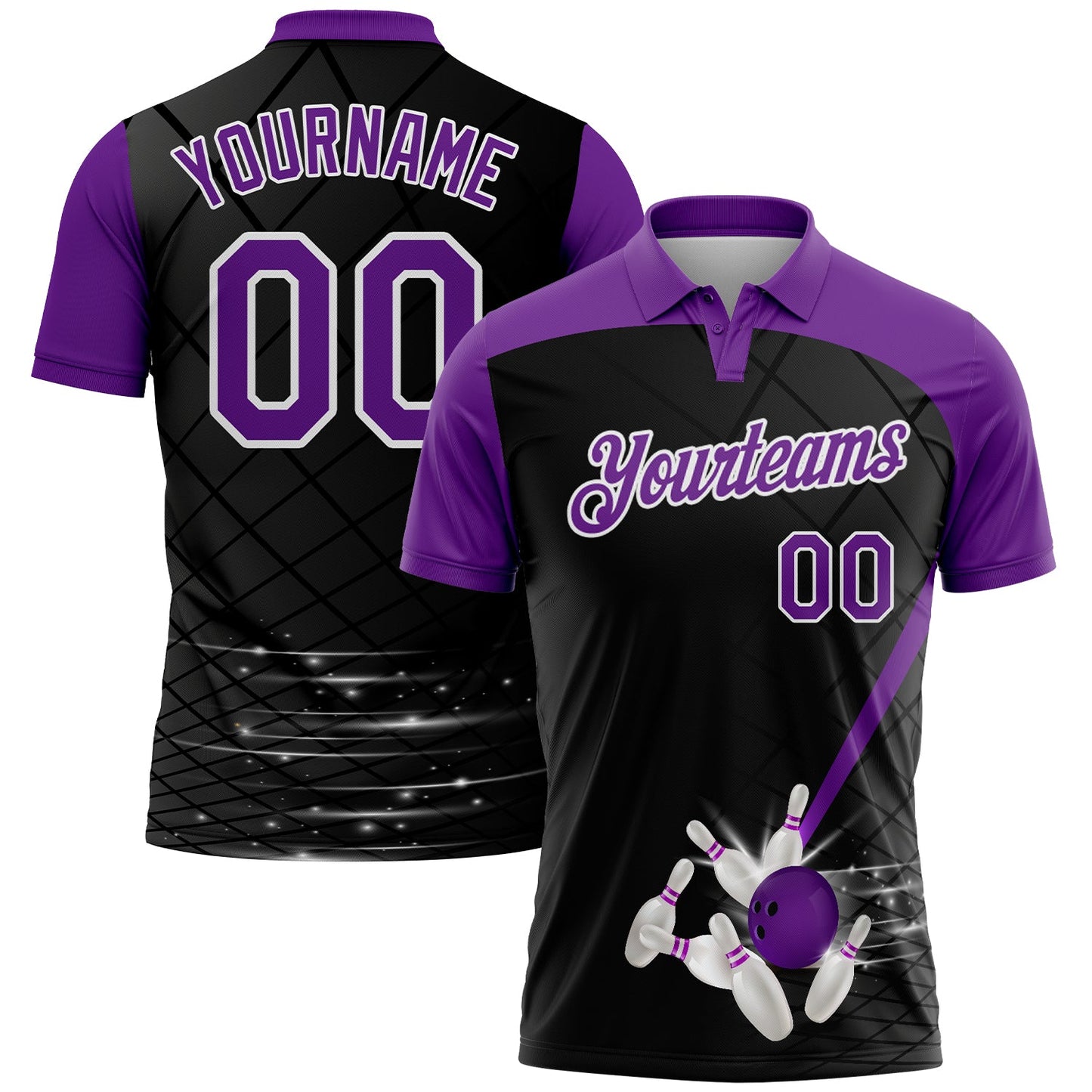 Custom Black Purple-White 3D Pattern Design Bowling Performance Polo Shirt - Main View