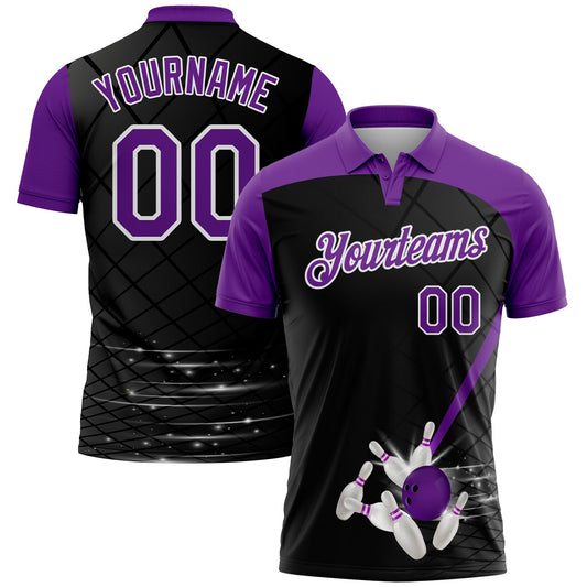 Custom Black Purple-White 3D Pattern Design Bowling Performance Polo Shirt - Main View
