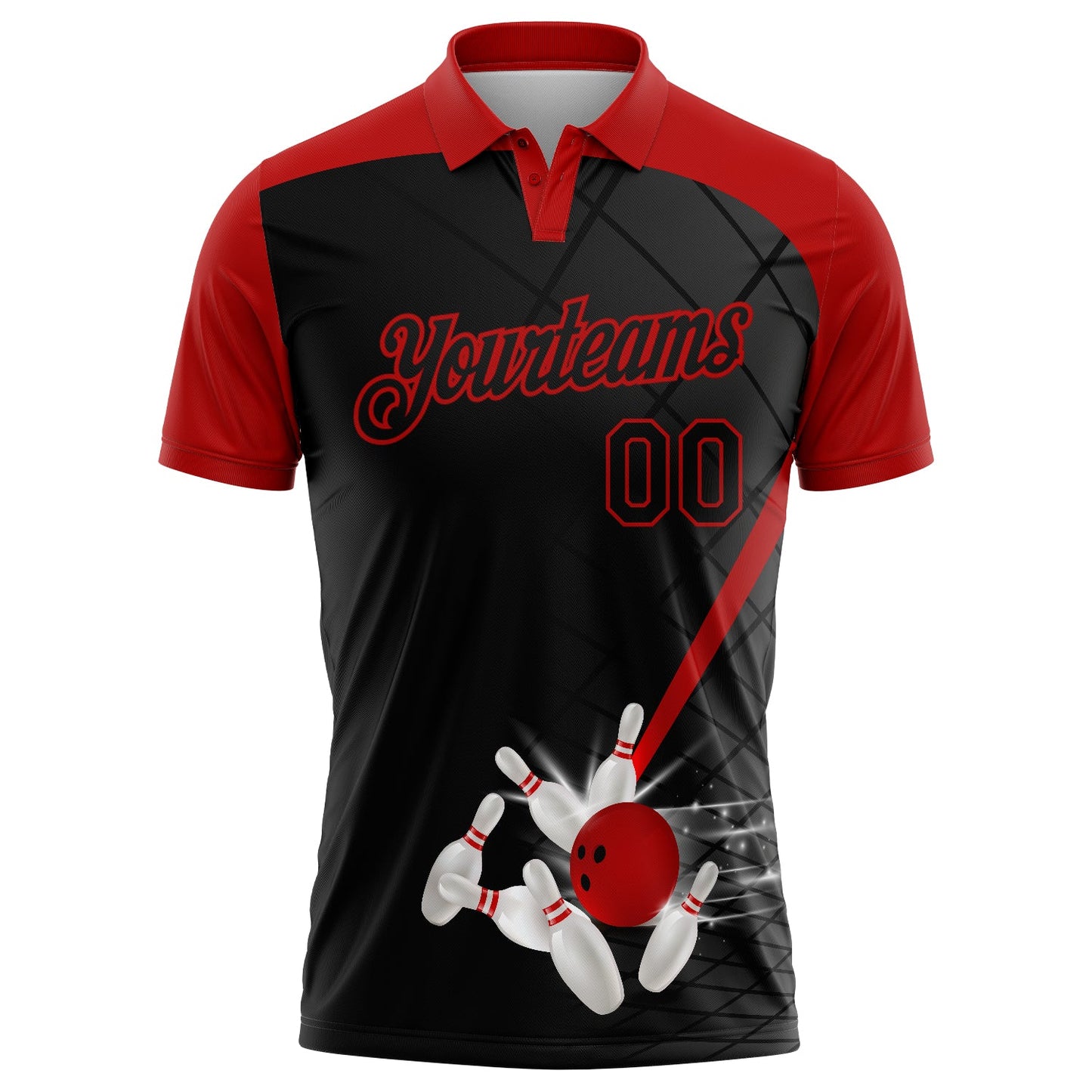 Custom Black Red 3D Pattern Design Bowling Performance Polo Shirt view 2