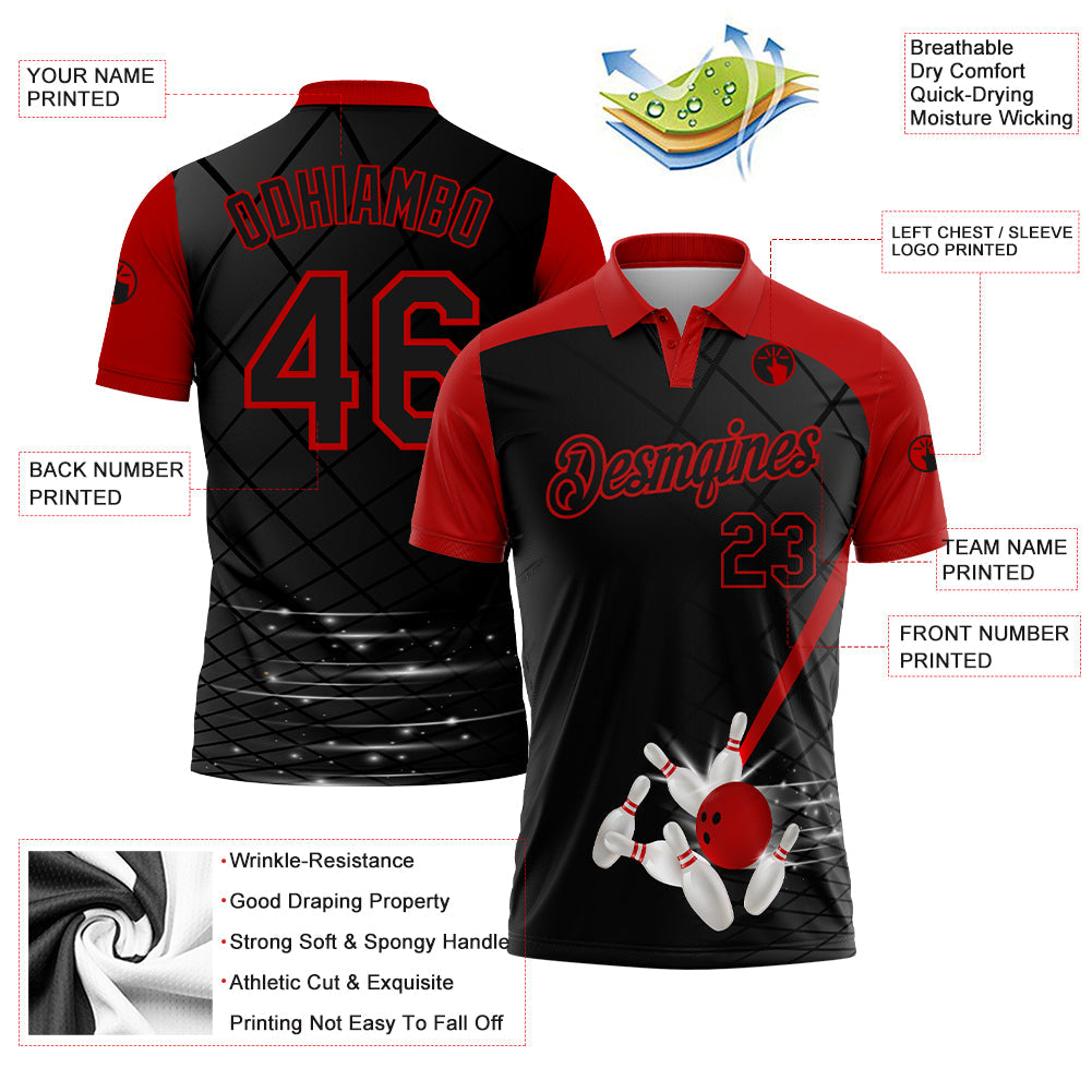 Custom Black Red 3D Pattern Design Bowling Performance Polo Shirt view 3