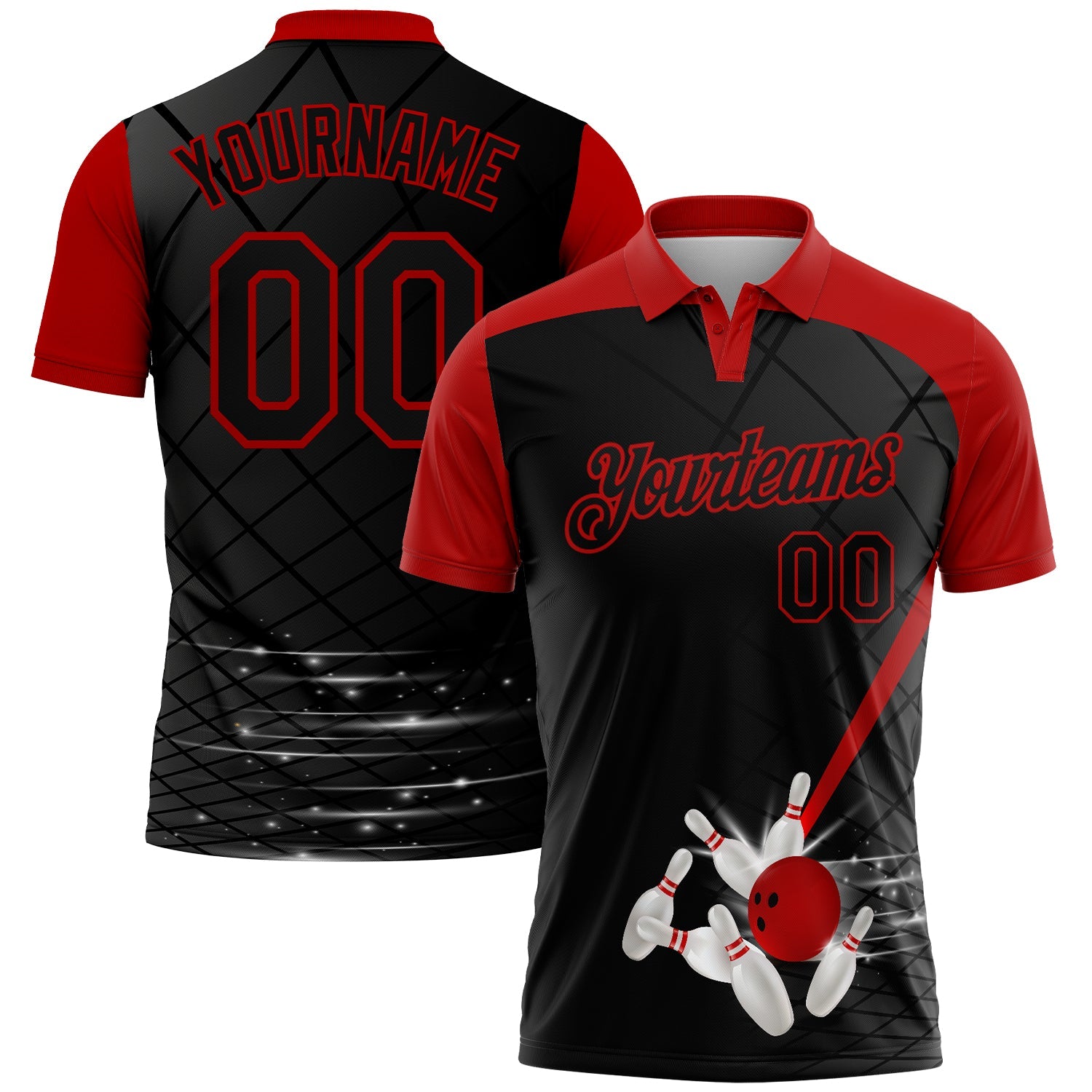 Custom Black Red 3D Pattern Design Bowling Performance Polo Shirt - Main View