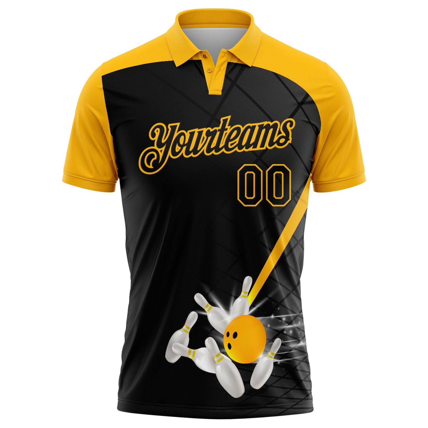 Custom Black Gold 3D Pattern Design Bowling Performance Polo Shirt view 2