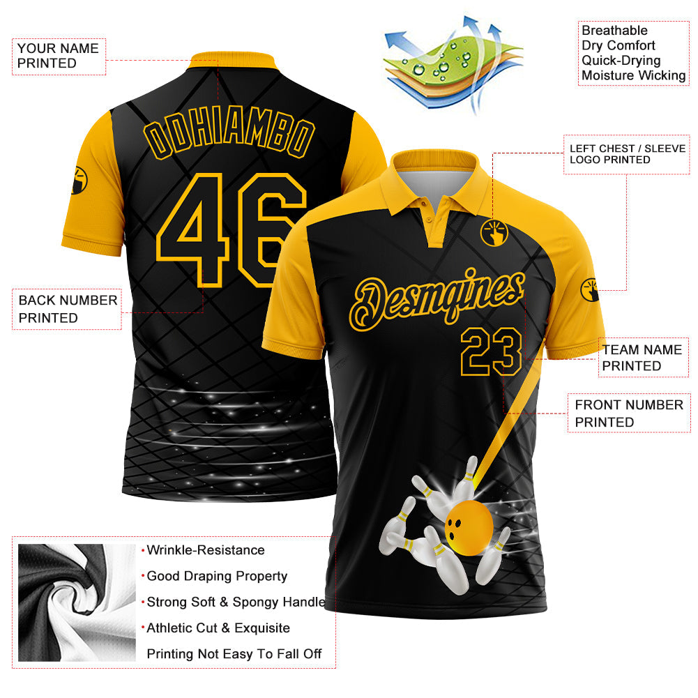 Custom Black Gold 3D Pattern Design Bowling Performance Polo Shirt view 3
