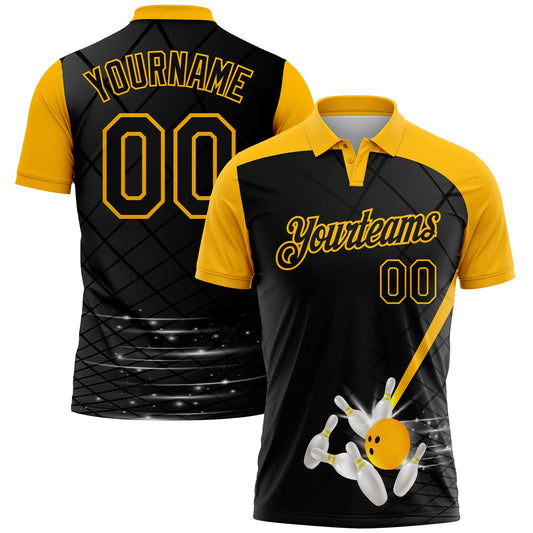 Custom Black Gold 3D Pattern Design Bowling Performance Polo Shirt - Main View