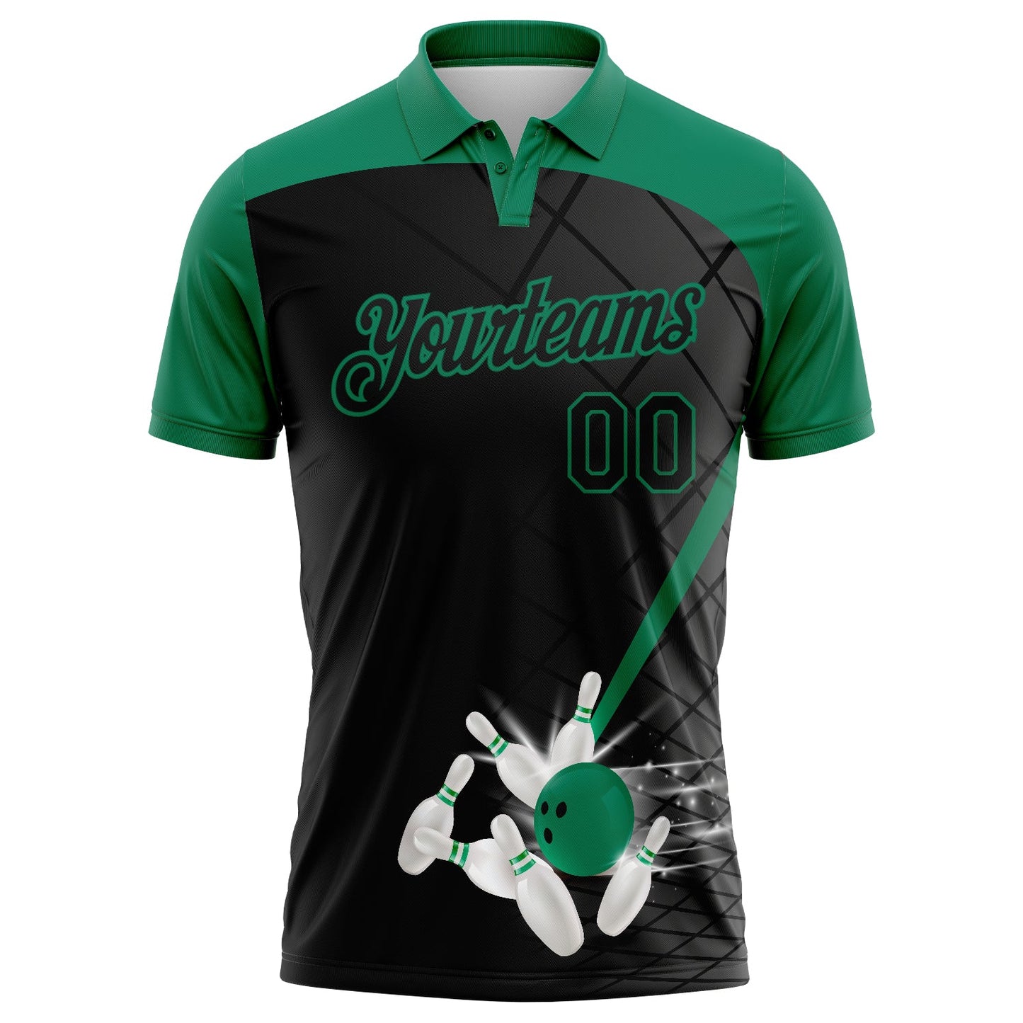 Custom Black Kelly Green 3D Pattern Design Bowling Performance Polo Shirt view 2