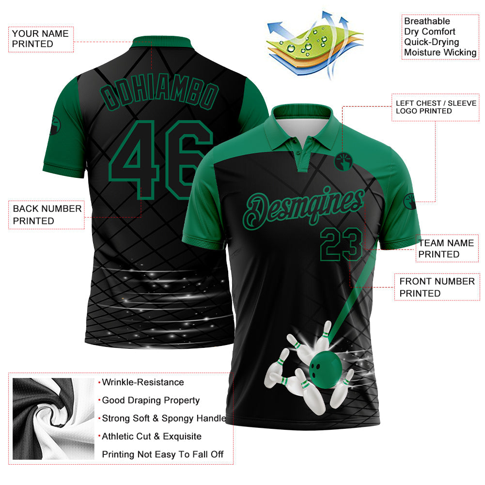 Custom Black Kelly Green 3D Pattern Design Bowling Performance Polo Shirt view 3