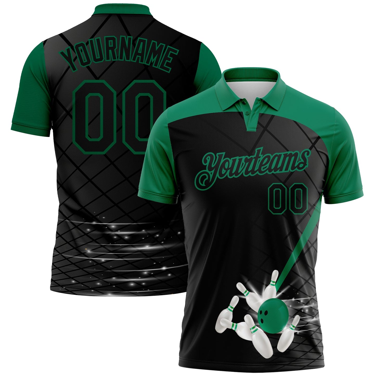 Custom Black Kelly Green 3D Pattern Design Bowling Performance Polo Shirt - Main View