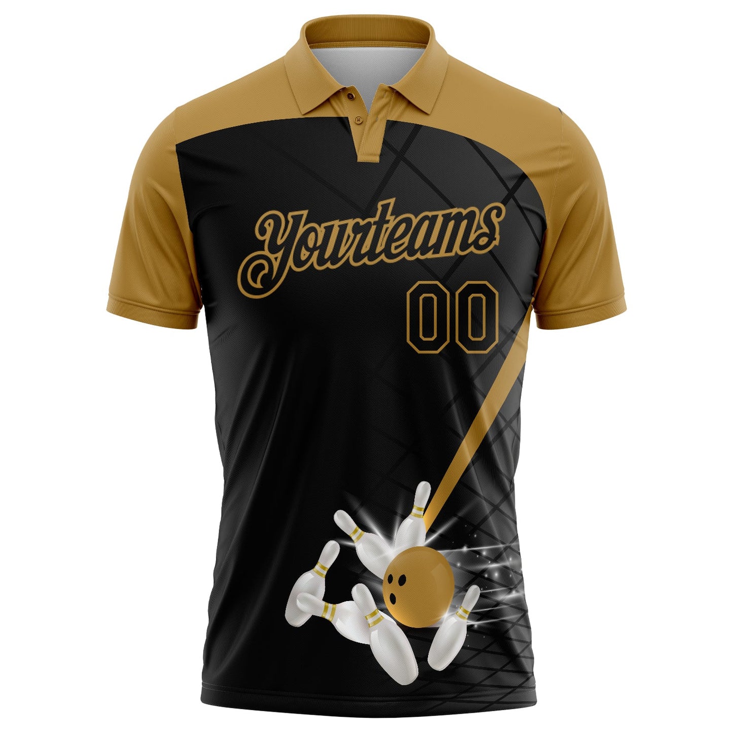 Custom Black Old Gold 3D Pattern Design Bowling Performance Polo Shirt view 2