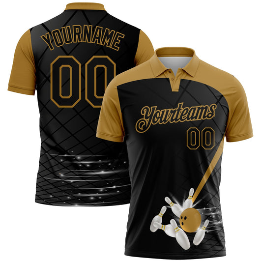Custom Black Old Gold 3D Pattern Design Bowling Performance Polo Shirt - Main View