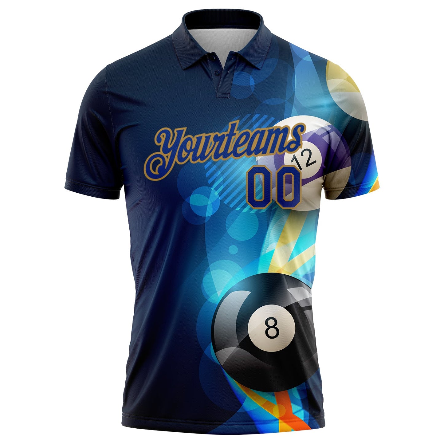 Custom Navy Royal-Old Gold 3D Pattern Design Billiards Performance Polo Shirt view 2