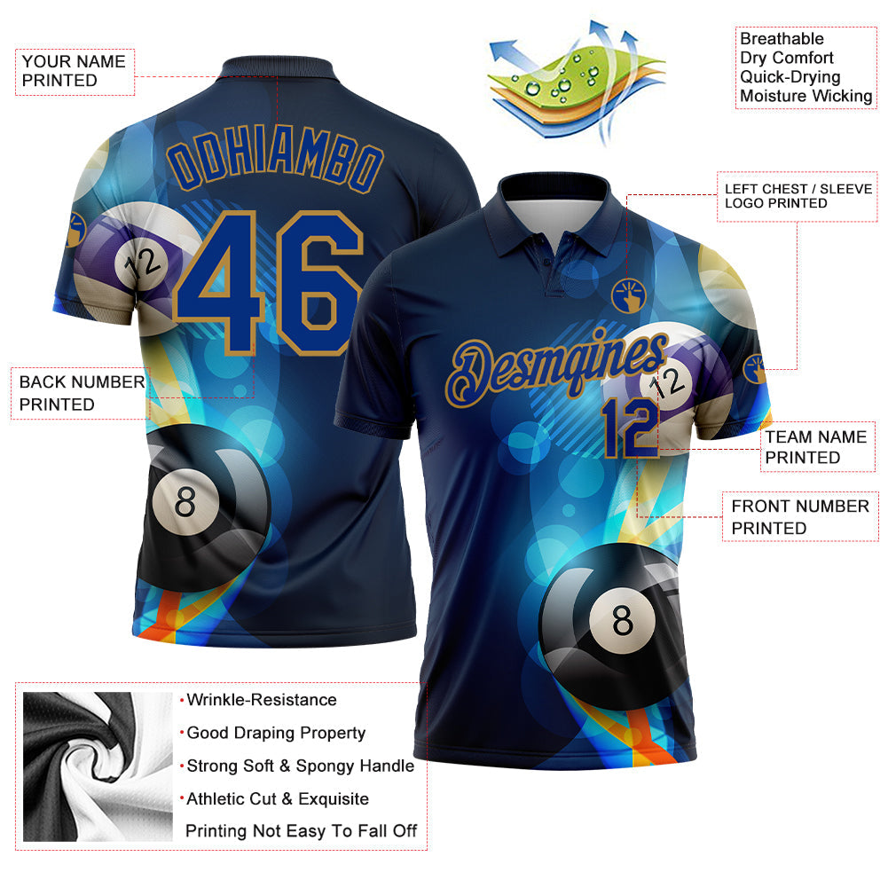 Custom Navy Royal-Old Gold 3D Pattern Design Billiards Performance Polo Shirt view 3