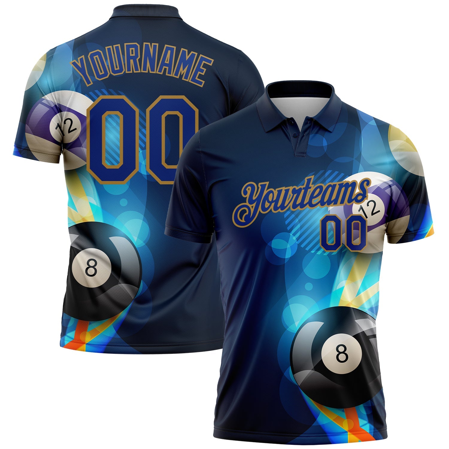 Custom Navy Royal-Old Gold 3D Pattern Design Billiards Performance Polo Shirt - Main View