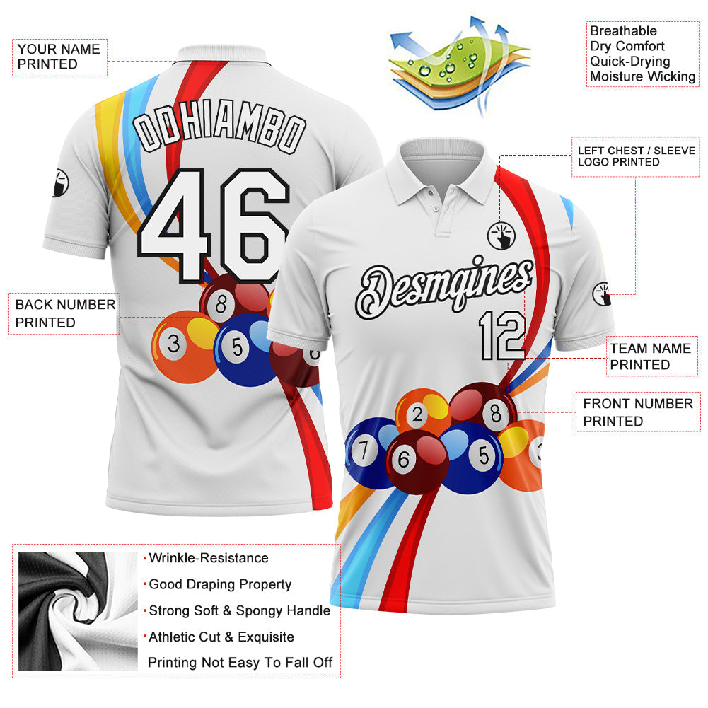 Custom White Black 3D Pattern Design Billiards Performance Polo Shirt view 3