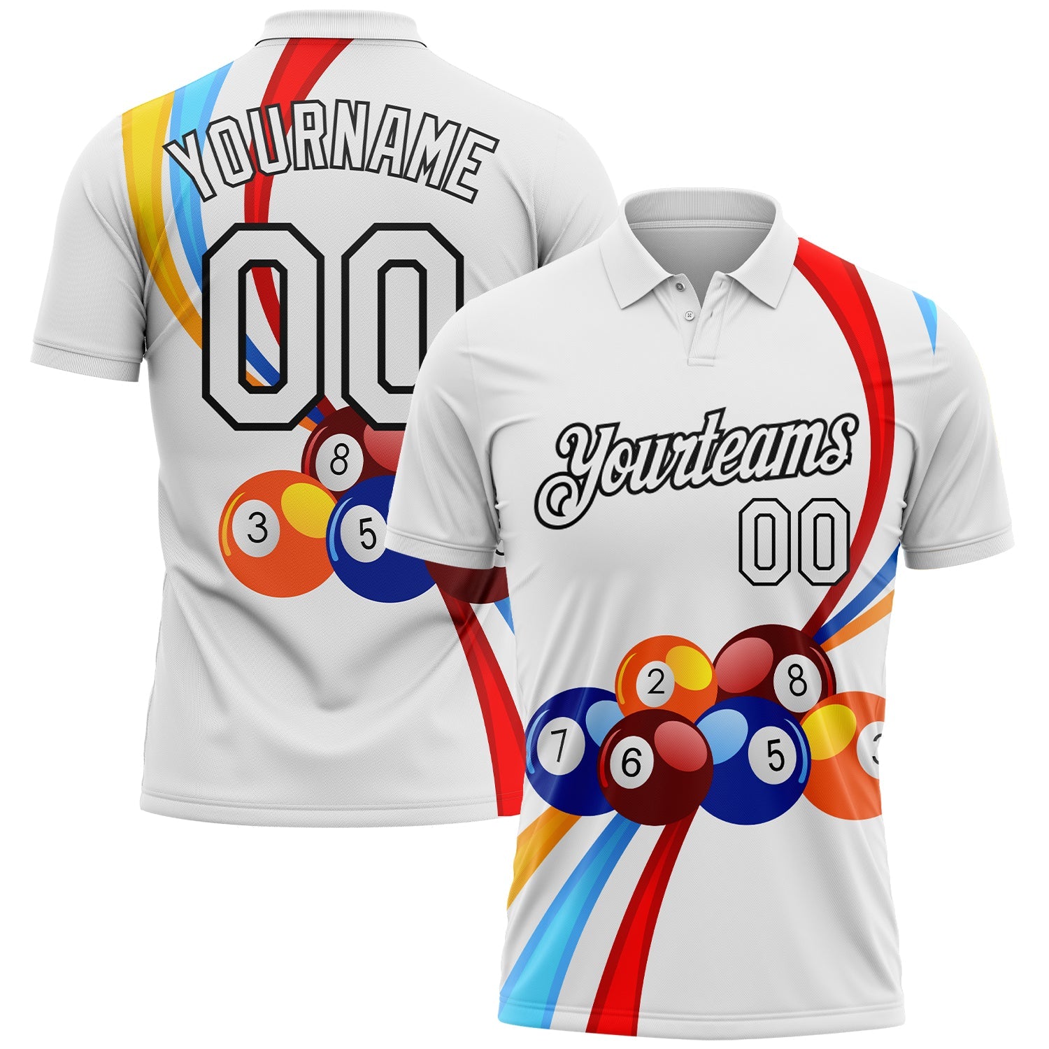Custom White Black 3D Pattern Design Billiards Performance Polo Shirt - Main View