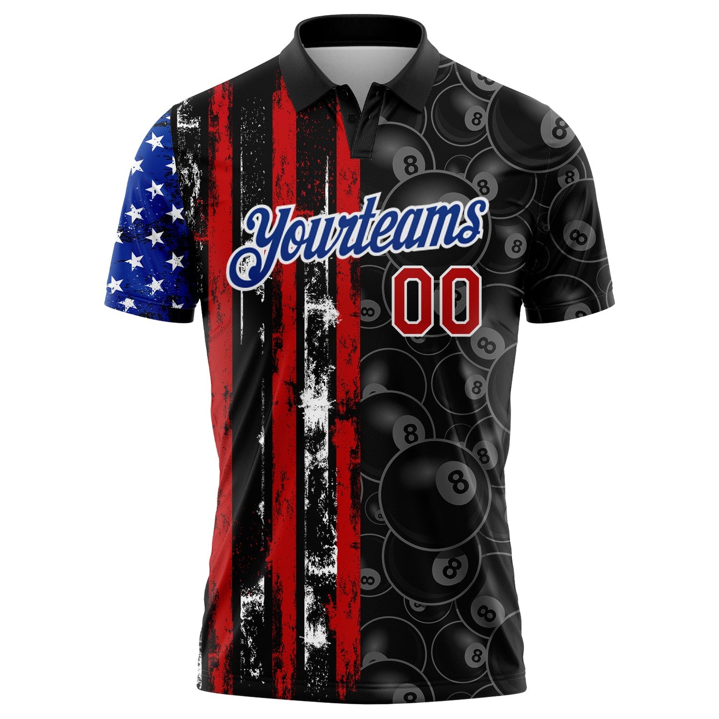 Custom Black Red-Royal 3D Pattern Design Billiards Snooker 8 Ball American Flag Performance Polo Shirt view 2