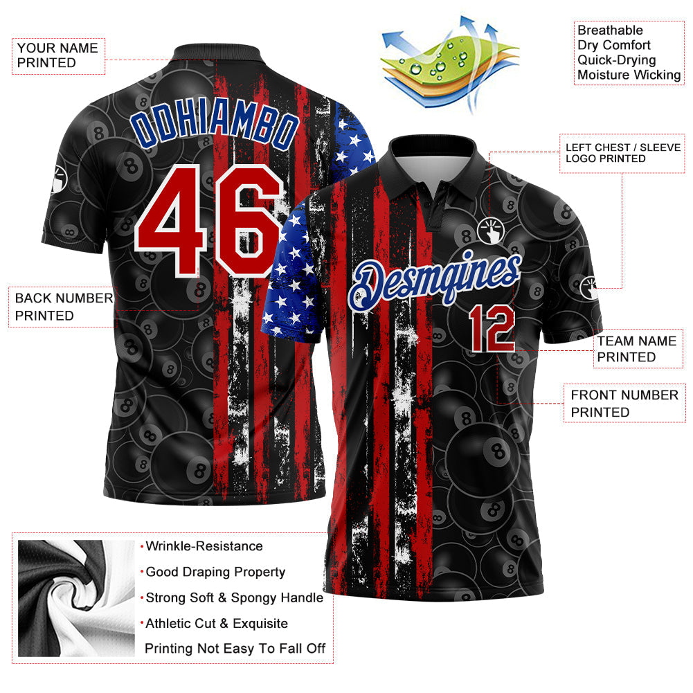 Custom Black Red-Royal 3D Pattern Design Billiards Snooker 8 Ball American Flag Performance Polo Shirt view 3
