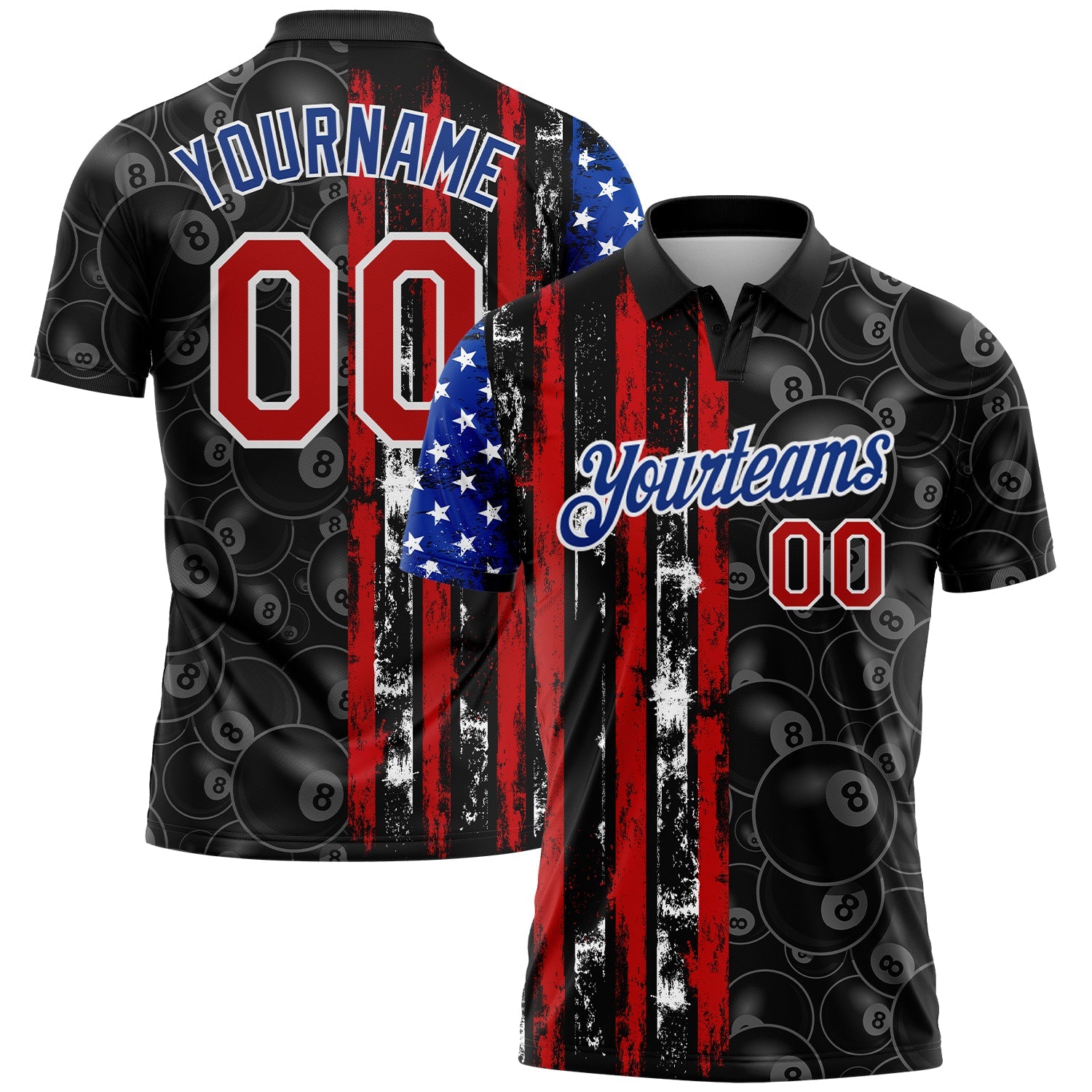 Custom Black Red-Royal 3D Pattern Design Billiards Snooker 8 Ball American Flag Performance Polo Shirt - Main View
