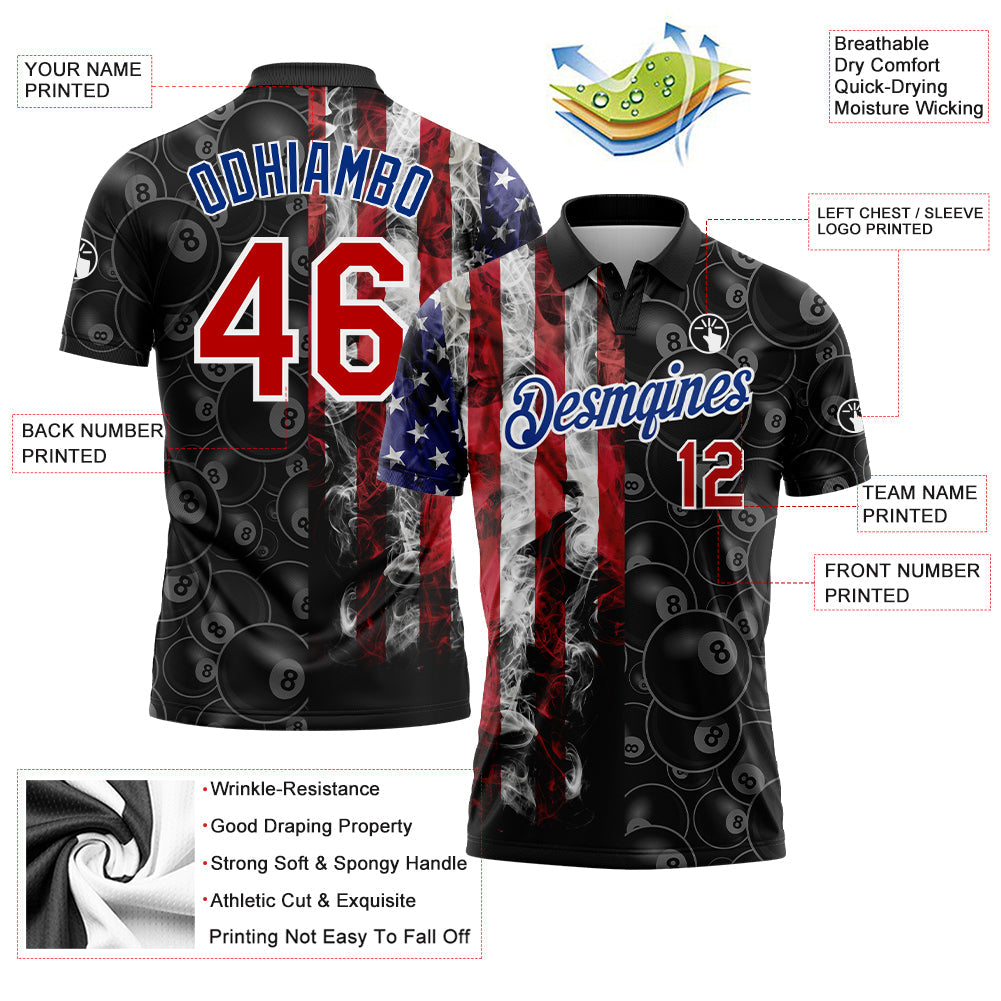 Custom Black Red-Royal 3D Pattern Design Billiards Snooker 8 Ball American Flag Performance Polo Shirt view 3