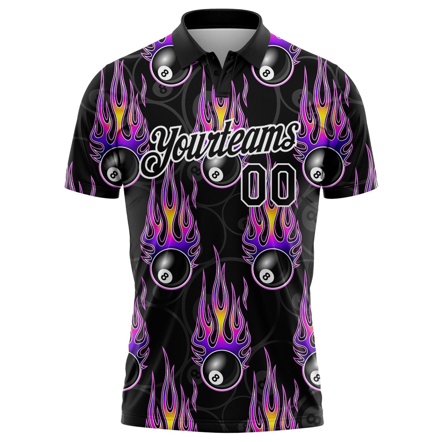 Custom Black White-Purple 3D Pattern Design Flame Billiards 8 Ball Performance Polo Shirt view 2
