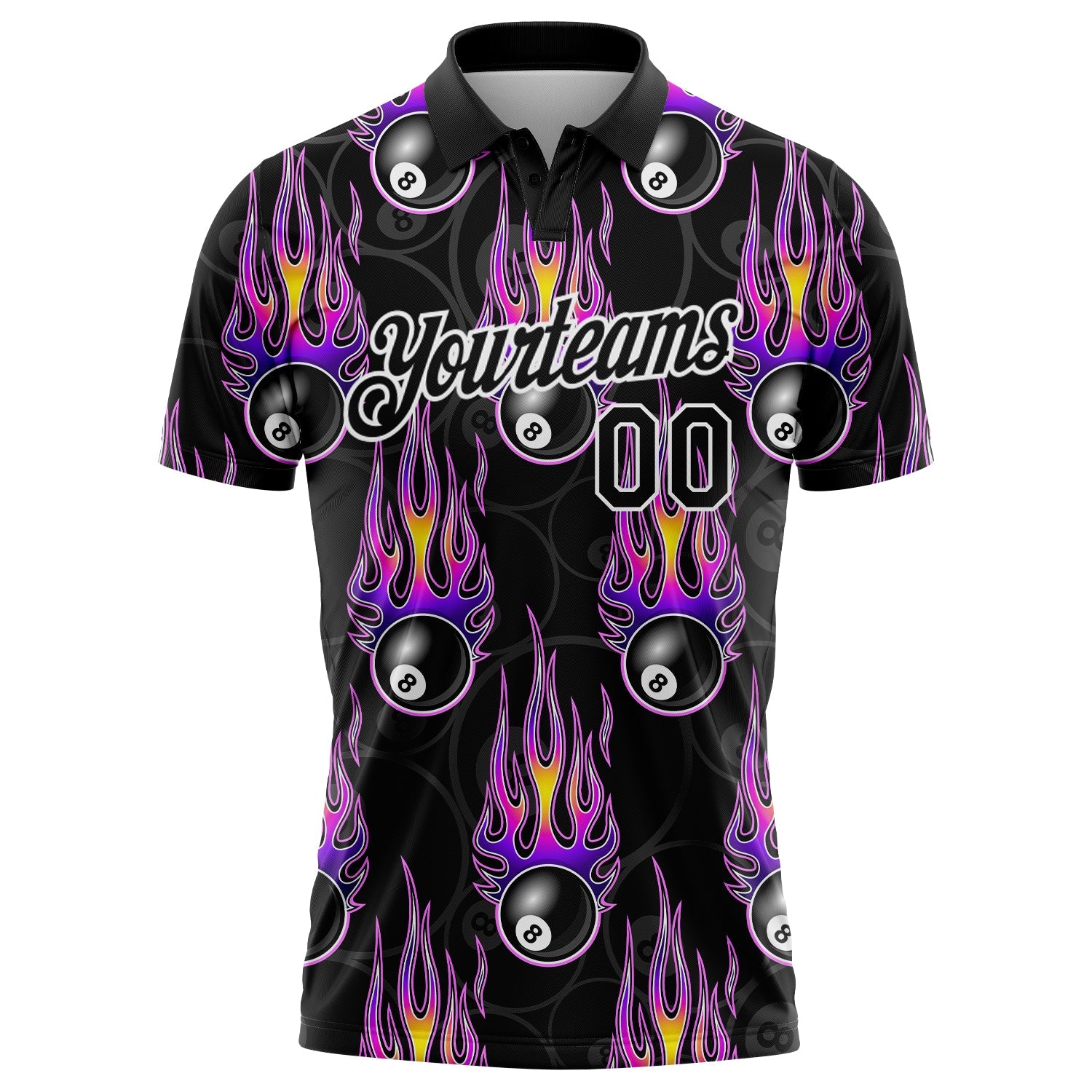 Custom Black White-Purple 3D Pattern Design Flame Billiards 8 Ball Performance Polo Shirt view 2