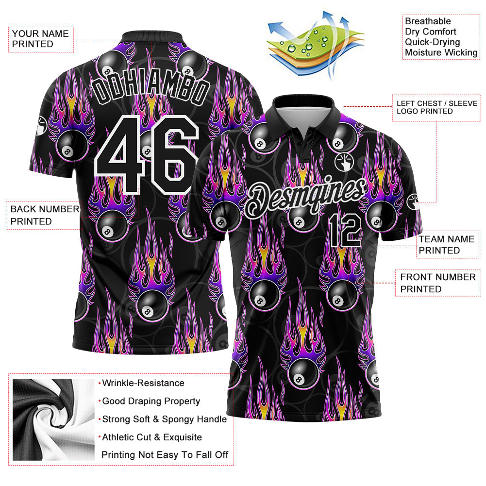 Custom Black White-Purple 3D Pattern Design Flame Billiards 8 Ball Performance Polo Shirt view 3
