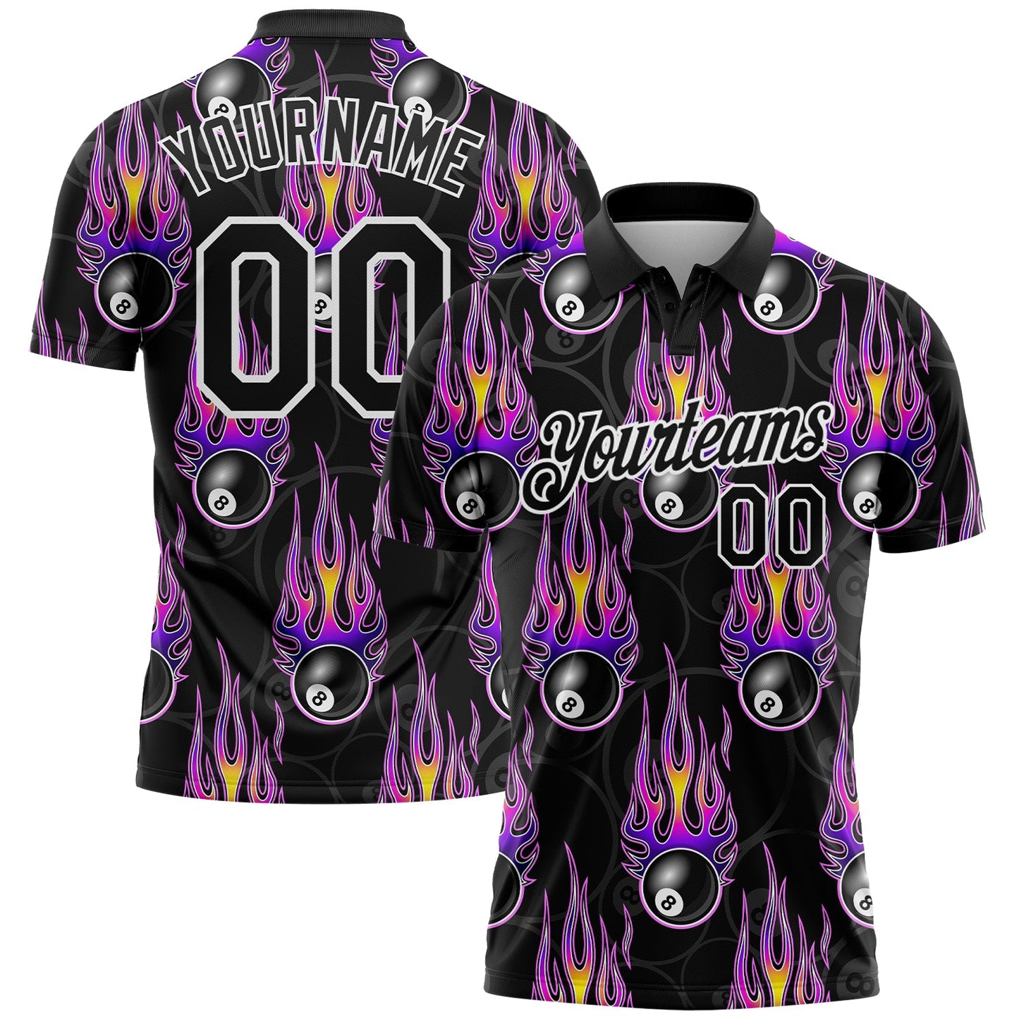 Custom Black White-Purple 3D Pattern Design Flame Billiards 8 Ball Performance Polo Shirt - Main View