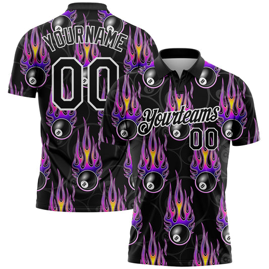 Custom Black White-Purple 3D Pattern Design Flame Billiards 8 Ball Performance Polo Shirt - Main View