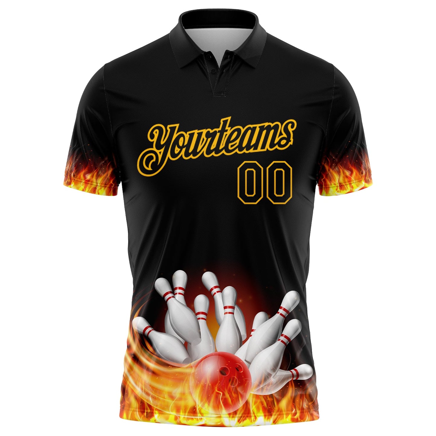 Custom Black Gold 3D Pattern Design Flame Bowling Performance Polo Shirt view 3