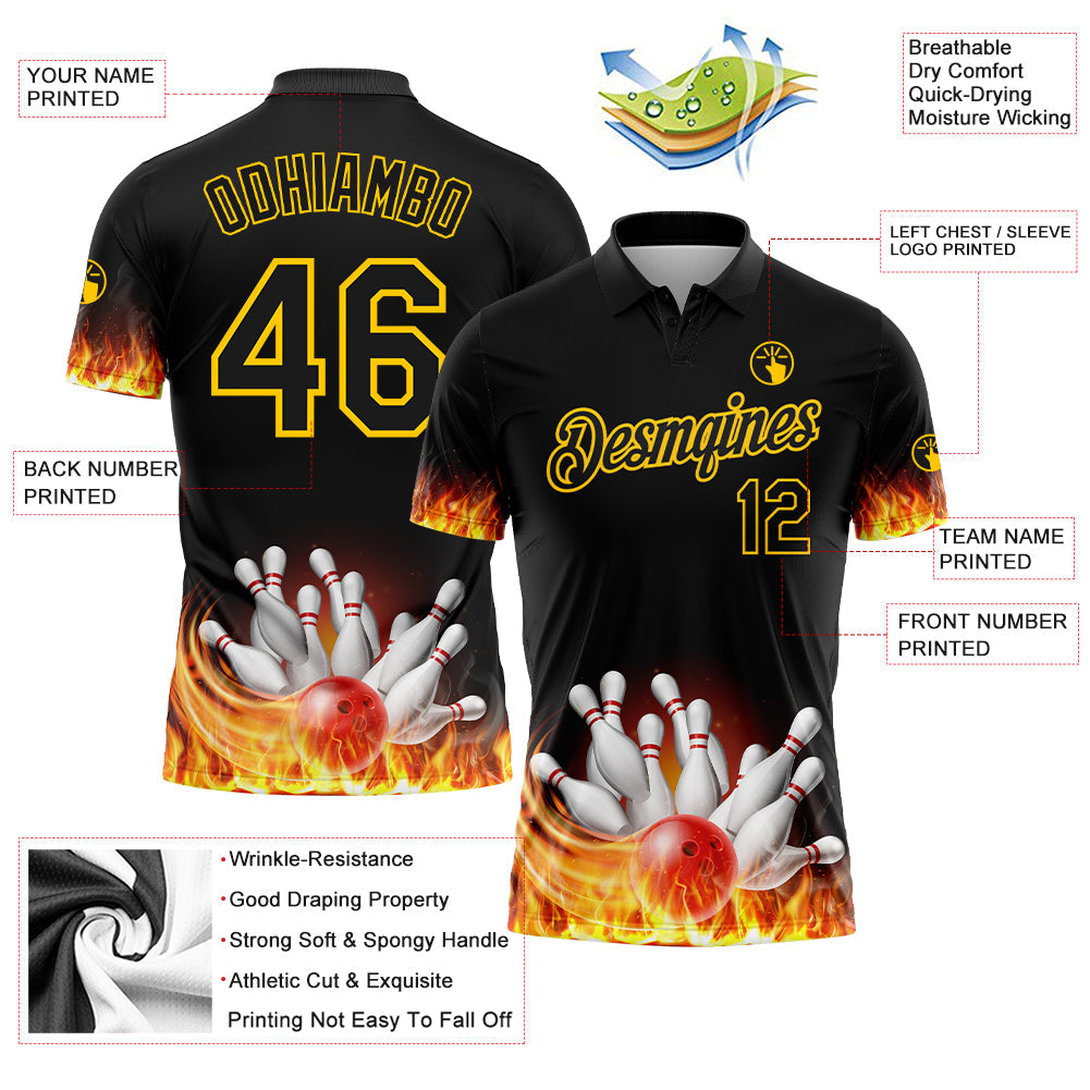 Custom Black Gold 3D Pattern Design Flame Bowling Performance Polo Shirt view 4