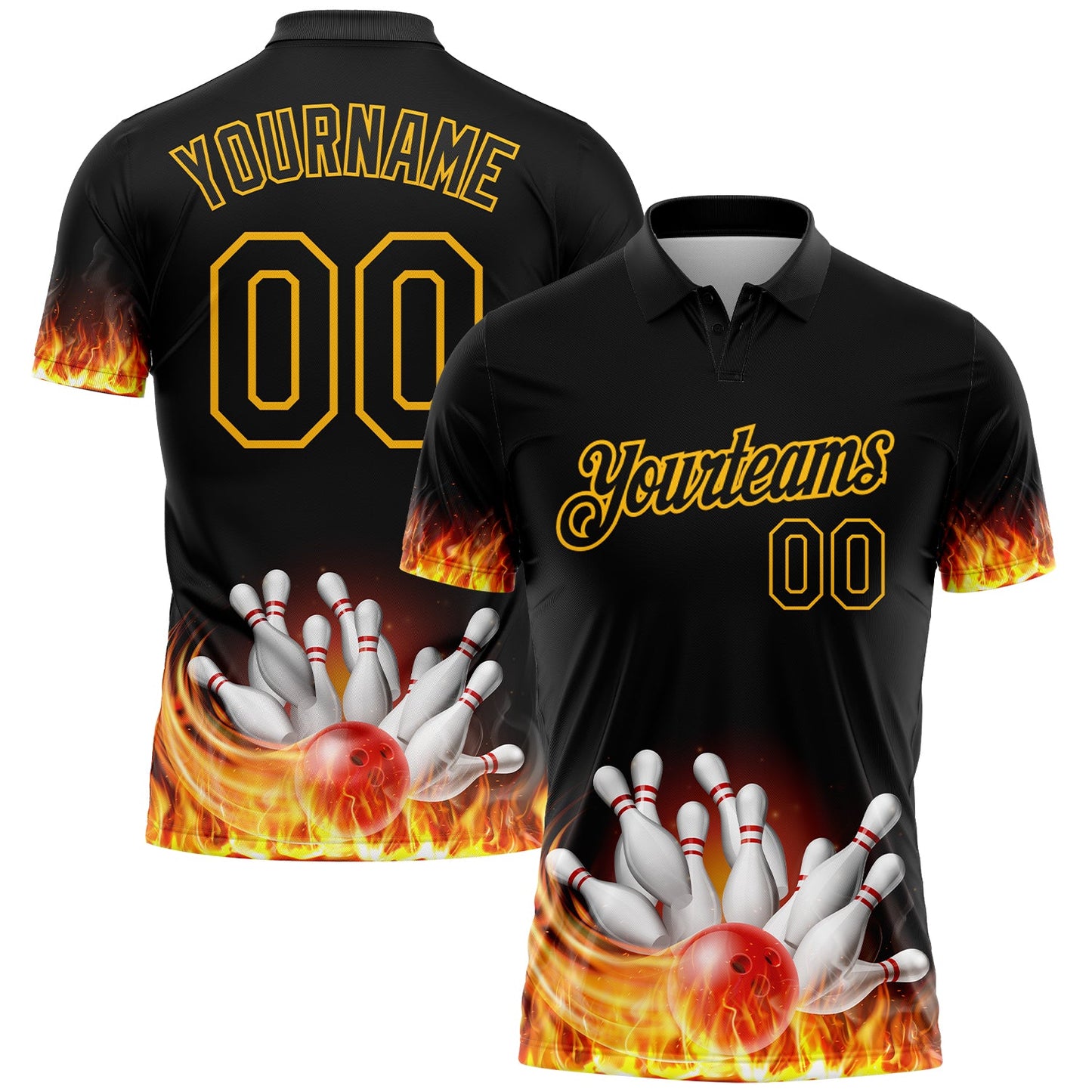 Custom Black Gold 3D Pattern Design Flame Bowling Performance Polo Shirt - Main View