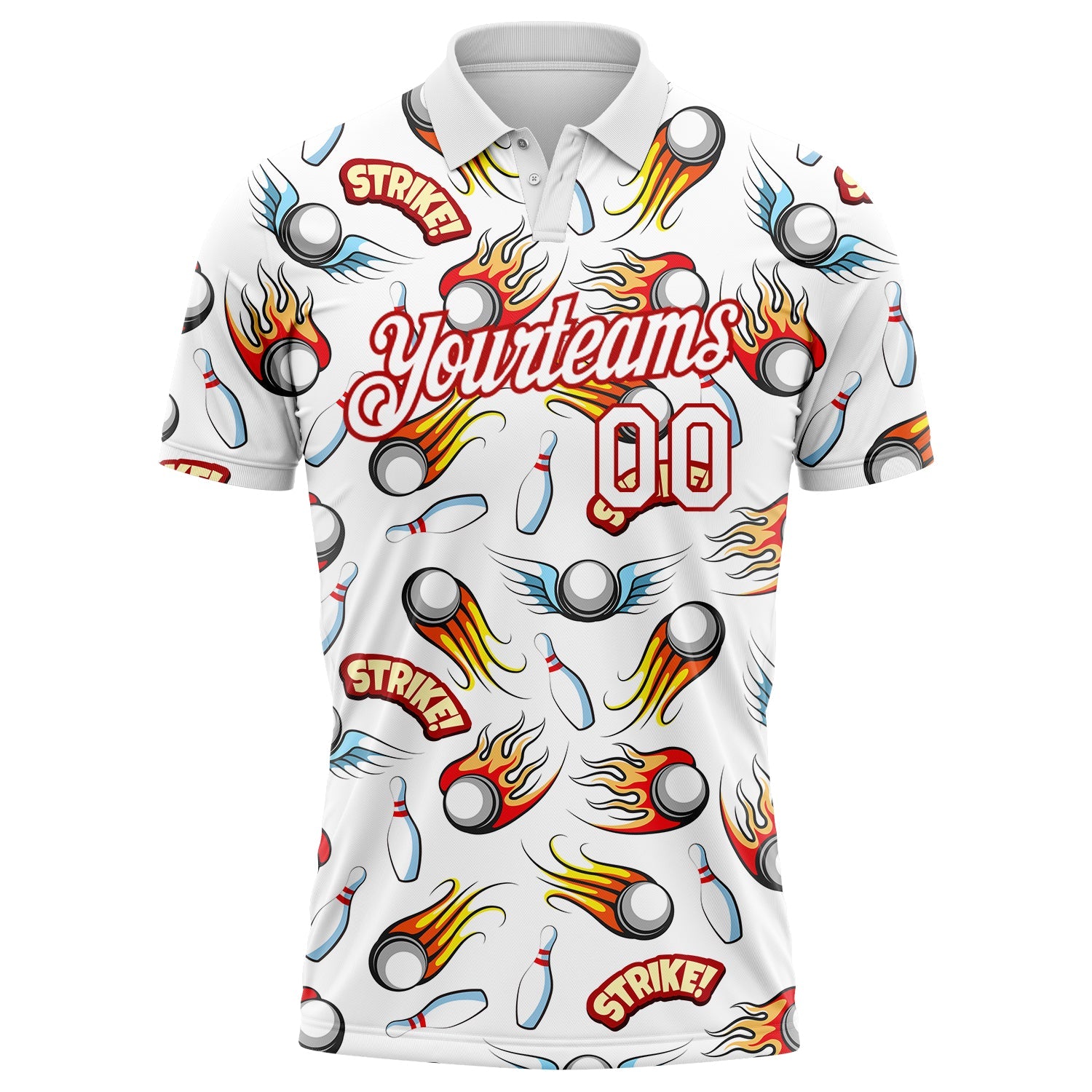 Custom White Red 3D Pattern Design Firely Bowling Performance Polo Shirt view 2