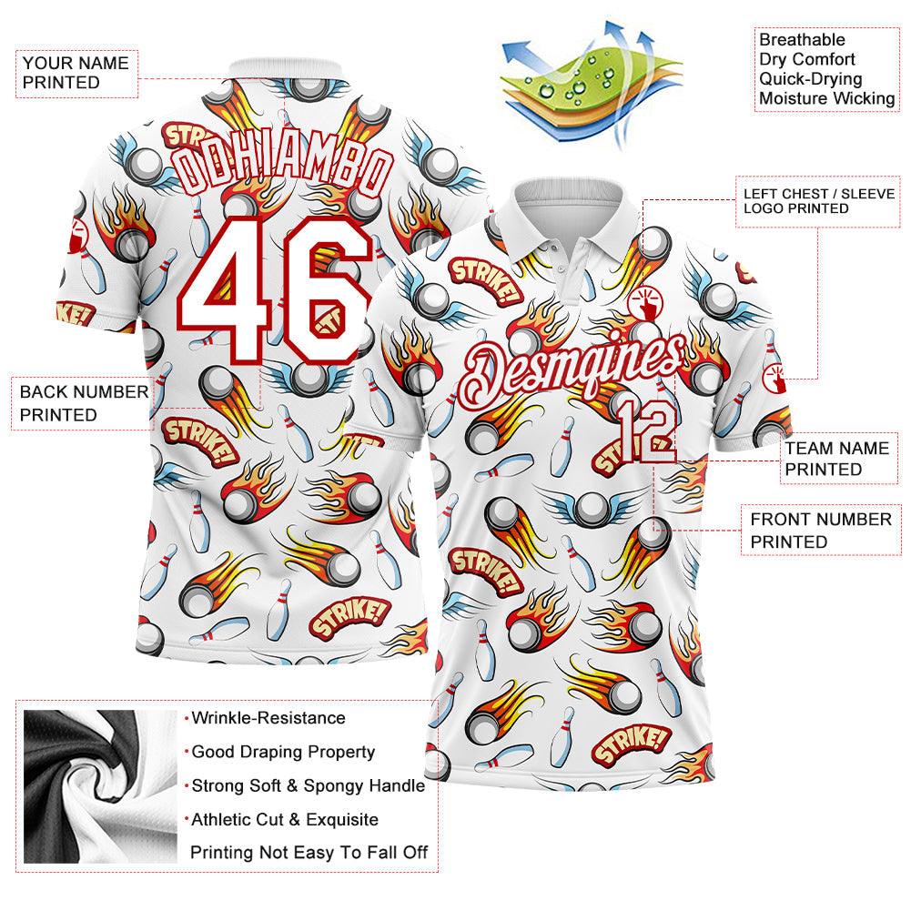 Custom White Red 3D Pattern Design Firely Bowling Performance Polo Shirt view 3