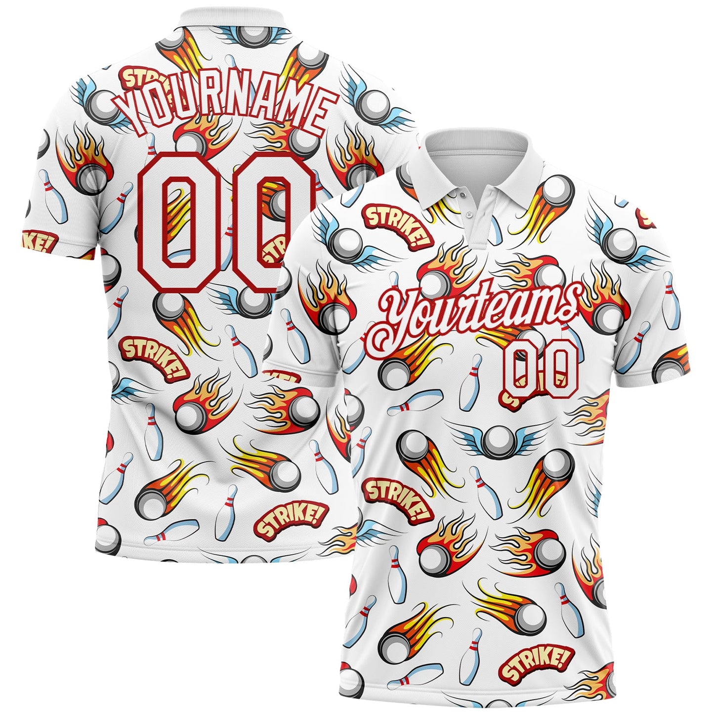 Custom White Red 3D Pattern Design Firely Bowling Performance Polo Shirt - Main View