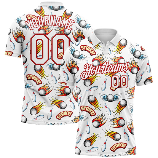 Custom White Red 3D Pattern Design Firely Bowling Performance Polo Shirt - Main View