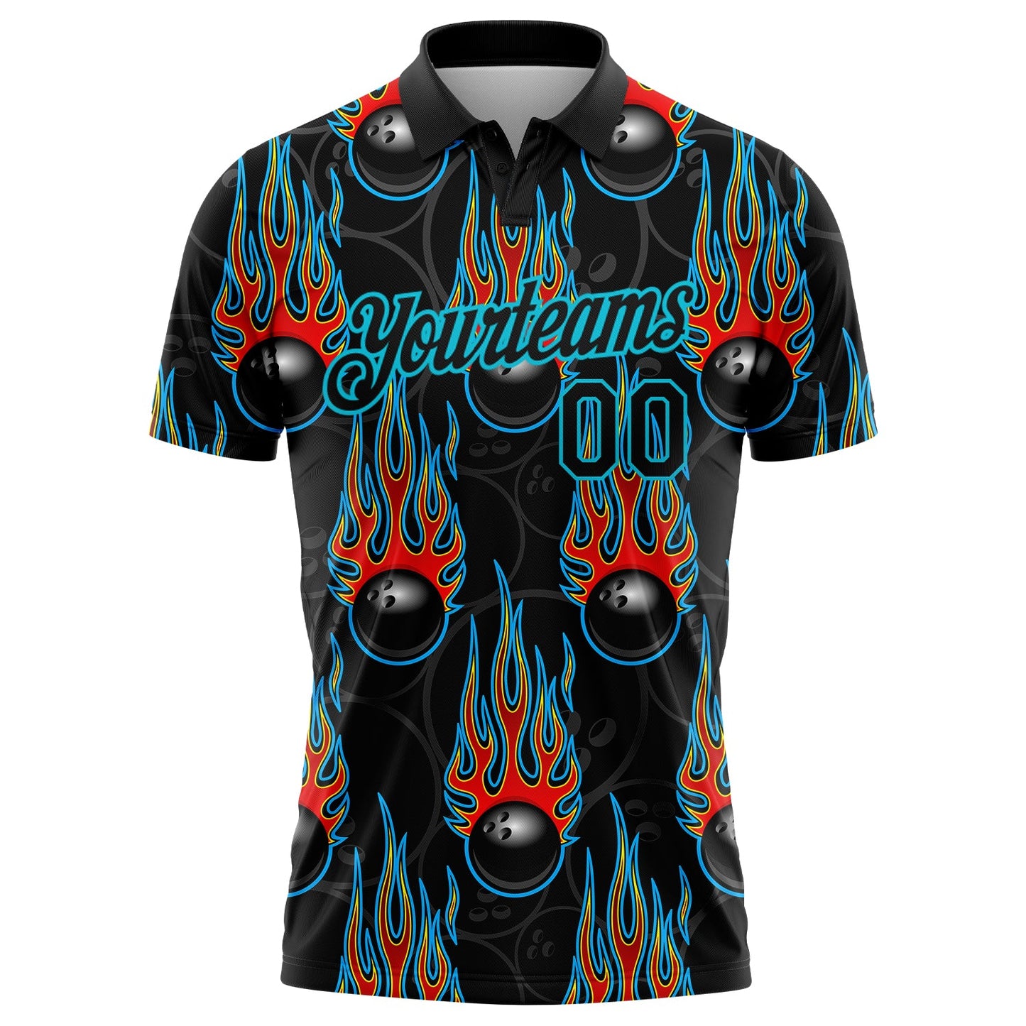 Custom Black Lakes Blue 3D Pattern Design Bowling Ball With Hotrod Flame Performance Polo Shirt view 2