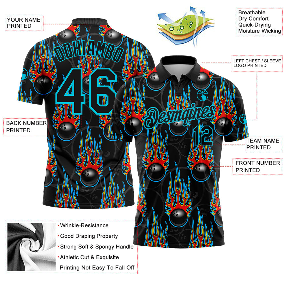 Custom Black Lakes Blue 3D Pattern Design Bowling Ball With Hotrod Flame Performance Polo Shirt view 3
