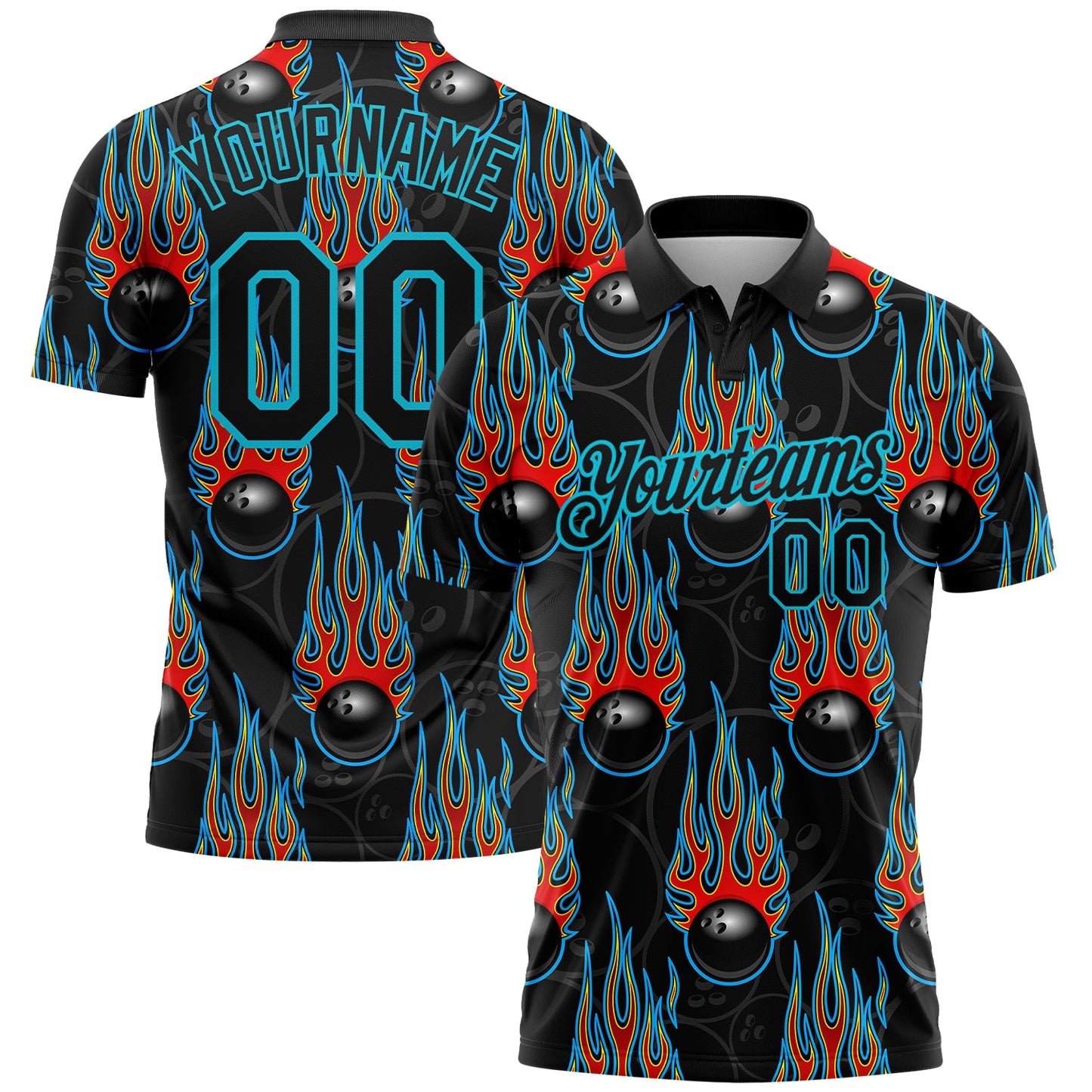 Custom Black Lakes Blue 3D Pattern Design Bowling Ball With Hotrod Flame Performance Polo Shirt - Main View