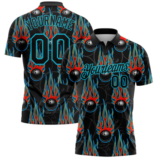 Custom Black Lakes Blue 3D Pattern Design Bowling Ball With Hotrod Flame Performance Polo Shirt - Main View