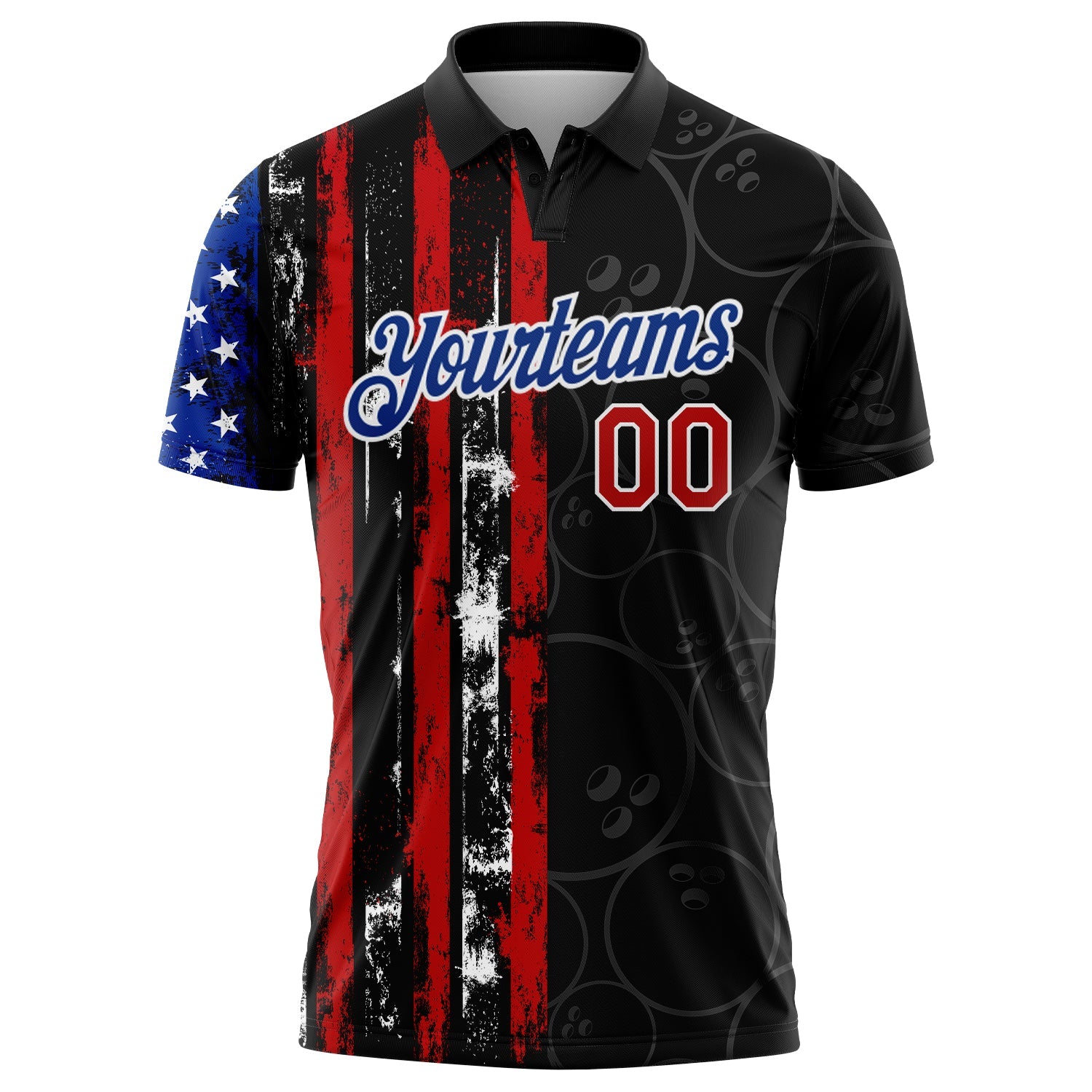 Custom Black Red-Royal 3D Pattern Design Bowling Ball American Flag Performance Polo Shirt view 2