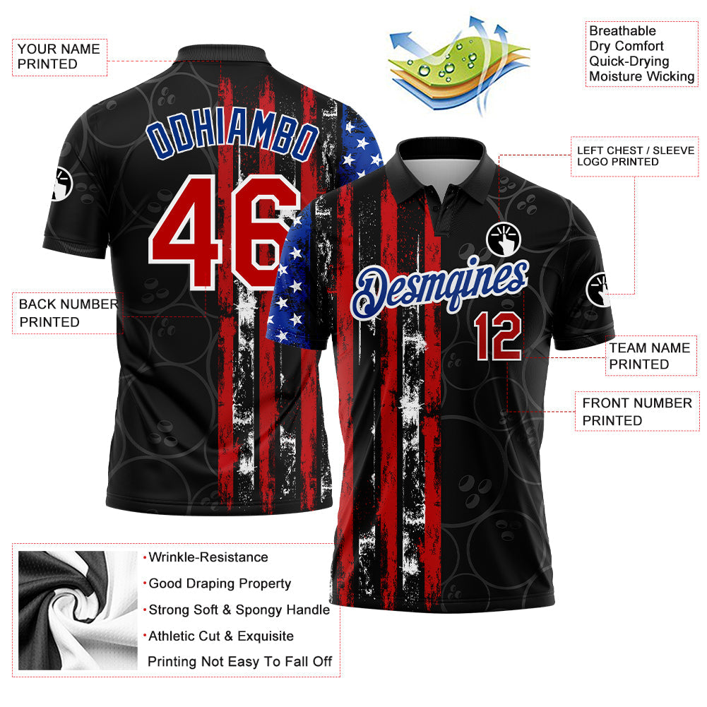 Custom Black Red-Royal 3D Pattern Design Bowling Ball American Flag Performance Polo Shirt view 3