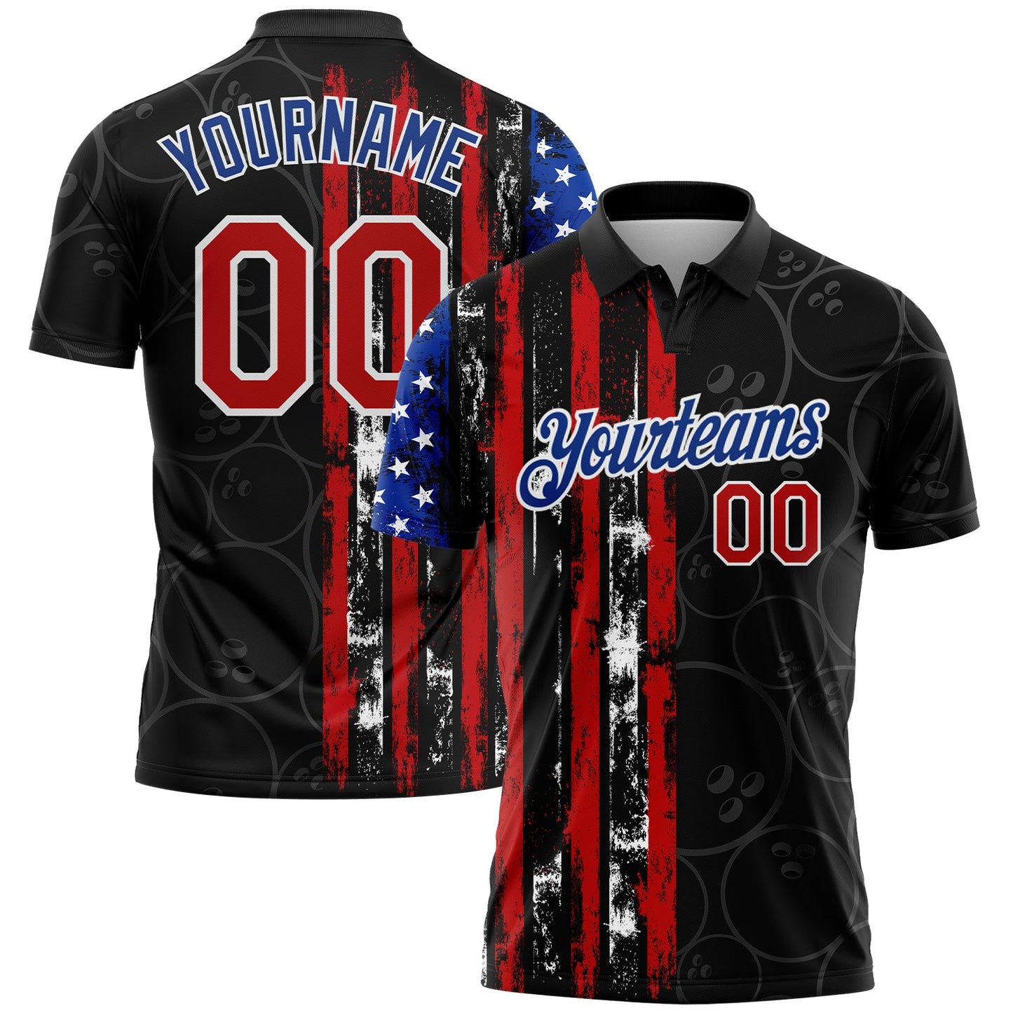 Custom Black Red-Royal 3D Pattern Design Bowling Ball American Flag Performance Polo Shirt - Main View