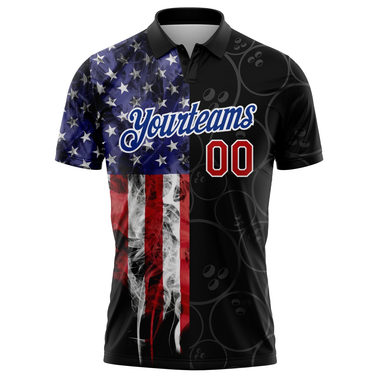 Custom Black Red-Royal 3D Pattern Design Bowling Ball American Flag Performance Polo Shirt view 3