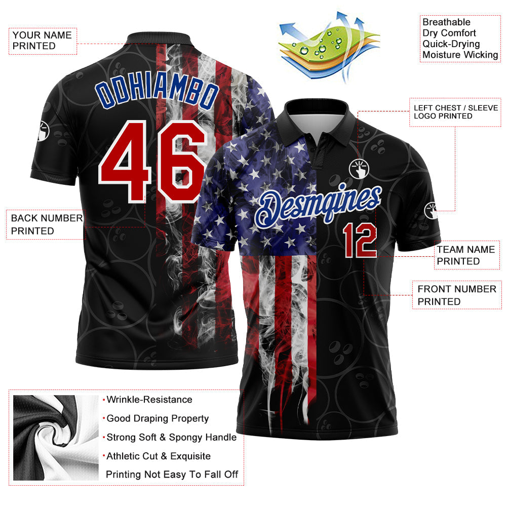 Custom Black Red-Royal 3D Pattern Design Bowling Ball American Flag Performance Polo Shirt view 4