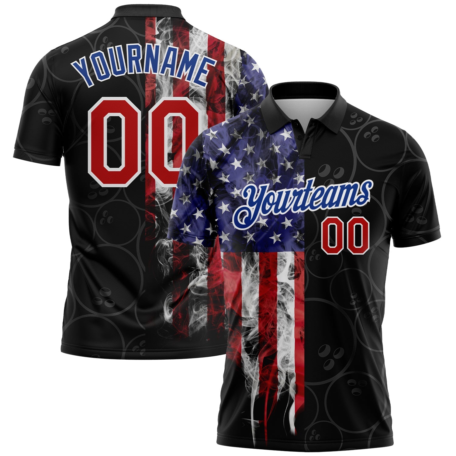 Custom Black Red-Royal 3D Pattern Design Bowling Ball American Flag Performance Polo Shirt - Main View